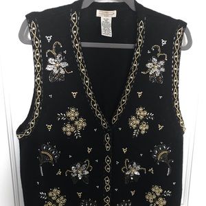 Vintage holiday vest, black, beautiful intricate embellishments.  18W -Yarnworks